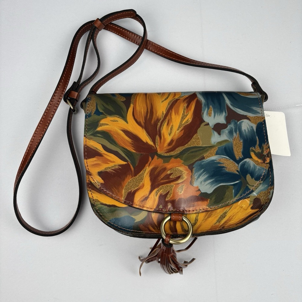 Patricia Nash Brinlee Leather Saddle Crossbody Bag Tassel Marigold Harvest Print